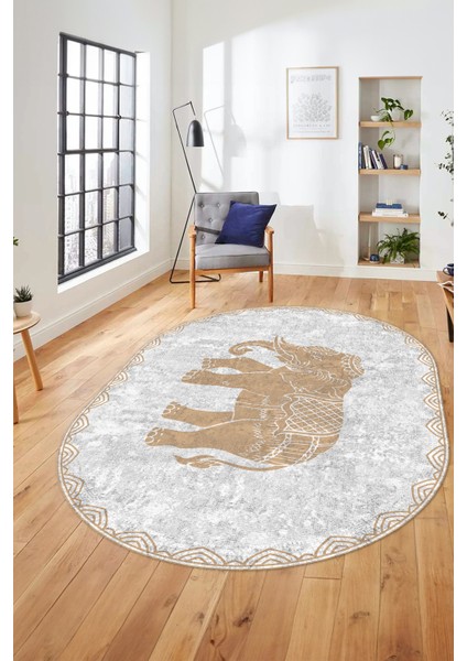 Fil Desen Baskılı Kaymaz Taban Yıkanabilir Modern Oval Yolluk Salon Halısı O-MODERN-101-BEJ modelleri