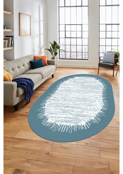 Baskılı Kaymaz Yıkanabilir Sade Desen Oval Yolluk Mutfak Salon Halısı O-Modern-43-Mavi modelleri