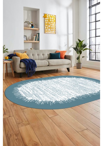 Baskılı Kaymaz Yıkanabilir Sade Desen Oval Yolluk Mutfak Salon Halısı O-Modern-43-Mavi fırsatları