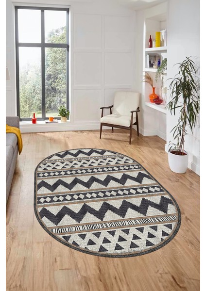 Kilim Desen Baskılı Kaymaz Taban Yıkanabilir Modern Oval Yolluk Salon Halısı O-MODERN-105-KREM
