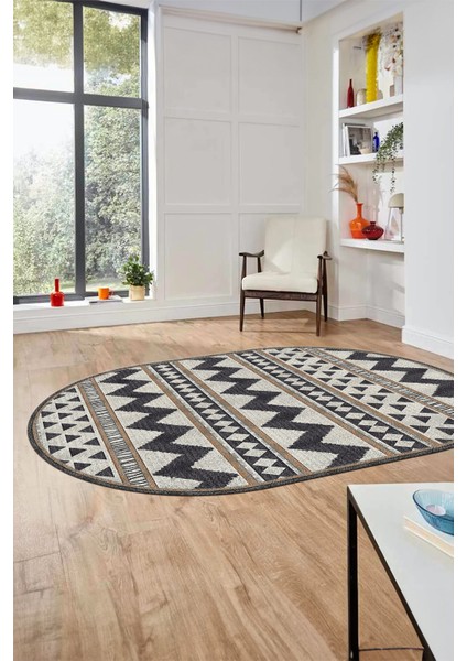 Kilim Desen Baskılı Kaymaz Taban Yıkanabilir Modern Oval Yolluk Salon Halısı O-MODERN-105-KREM fiyatları