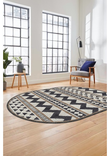 Kilim Desen Baskılı Kaymaz Taban Yıkanabilir Modern Oval Yolluk Salon Halısı O-MODERN-105-KREM fırsatları