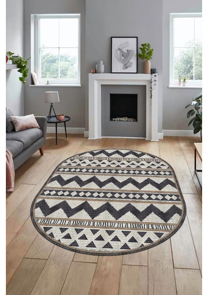 Kilim Desen Baskılı Kaymaz Taban Yıkanabilir Modern Oval Yolluk Salon Halısı O-MODERN-105-KREM indirimleri