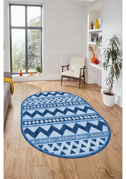 Kilim Desen Baskılı Kaymaz Taban Yıkanabilir Modern Oval Yolluk Salon Halısı O-MODERN-105-MAVİ