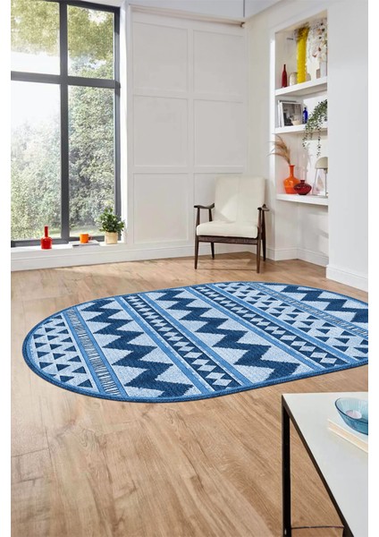 Kilim Desen Baskılı Kaymaz Taban Yıkanabilir Modern Oval Yolluk Salon Halısı O-MODERN-105-MAVİ fiyatları