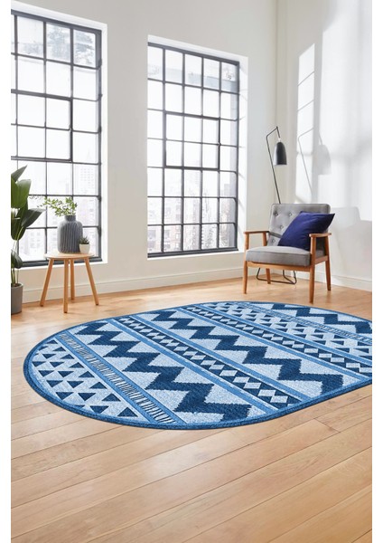 Kilim Desen Baskılı Kaymaz Taban Yıkanabilir Modern Oval Yolluk Salon Halısı O-MODERN-105-MAVİ fırsatları