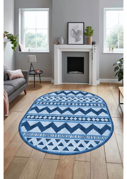 Kilim Desen Baskılı Kaymaz Taban Yıkanabilir Modern Oval Yolluk Salon Halısı O-MODERN-105-MAVİ indirimleri