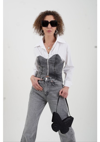 Beyaz Antrasiti Denim Büstiyer Detaylı Fermuarlı Gömlek