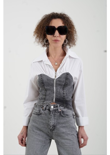Beyaz Antrasiti Denim Büstiyer Detaylı Fermuarlı Gömlek fiyatları