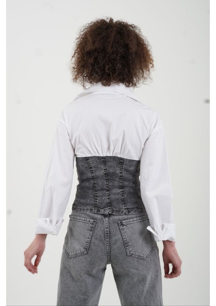 Beyaz Antrasiti Denim Büstiyer Detaylı Fermuarlı Gömlek modelleri