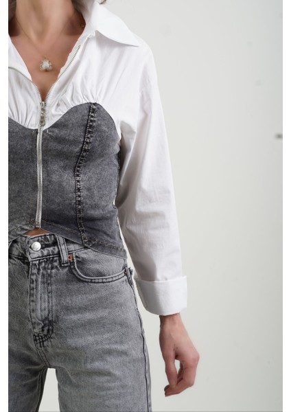 Beyaz Antrasiti Denim Büstiyer Detaylı Fermuarlı Gömlek fırsatları