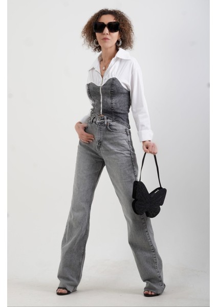 Beyaz Antrasiti Denim Büstiyer Detaylı Fermuarlı Gömlek indirimleri