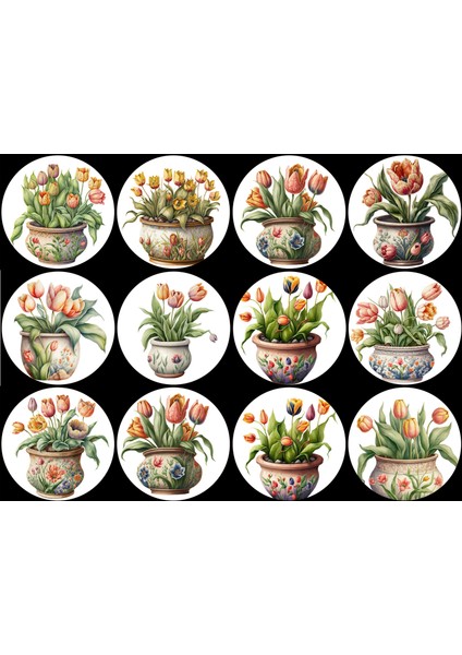 Laleler Temalı Yuvarlak Etiket (4x4 cm 24 Adet)