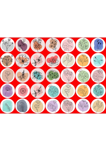 Çizim Çiçekler Temalı Şeffaf Yuvarlak Etiket (4x4 cm 24 Adet)