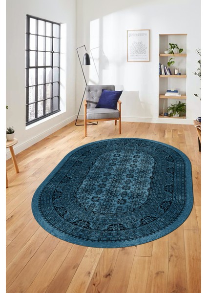 Etnik Desen Baskılı Kaymaz Taban Yıkanabilir Modern Oval Yolluk Salon Halısı O-MODERN-113-MAVİ fiyatları