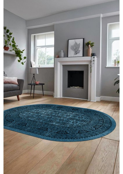 Etnik Desen Baskılı Kaymaz Taban Yıkanabilir Modern Oval Yolluk Salon Halısı O-MODERN-113-MAVİ indirimleri