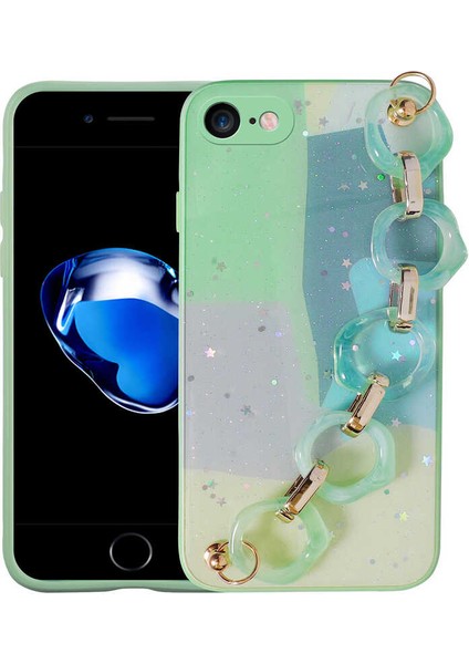 iPhone 8 - Uyumlu Simli Desenli El Askılı Tutacaklı Gkm Elsa Silikon Kapak-Yeşil