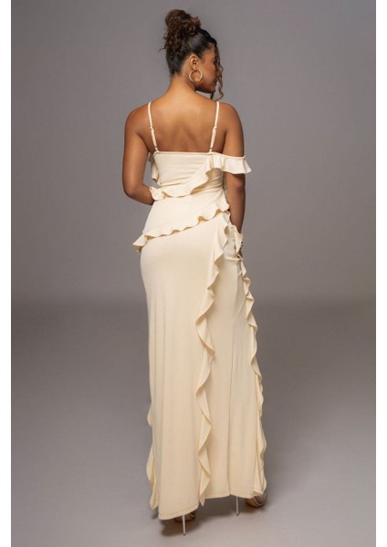 Kadın Sandy Kumaş Fırfırlı Gül Aksesuarlı Yırtmaç Detaylı Maxi Boy Elbise fiyatları