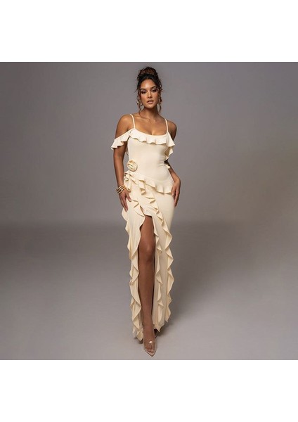 Kadın Sandy Kumaş Fırfırlı Gül Aksesuarlı Yırtmaç Detaylı Maxi Boy Elbise indirimleri