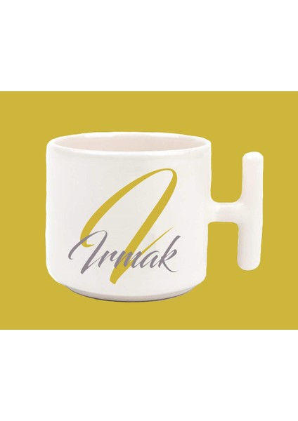 Kişiye Özel I Harfli ve Isimli Gold Gri T Kulplu Baskılı Kupa Bardak