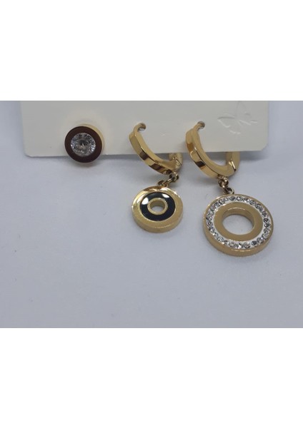 Gold Renk Üçü Bir Arada Zirkon Taşlı Halka Detaylı Özel Gecelerin Vazgeçilmezi Özel Işçilikli Şık 316 L Çelik Fırsat Ürünü Çelik Küpe