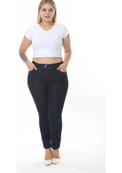 Büyük Beden Yüksek Bel Full Likralı Toparlayıcı Cep Kenarları Taşlı Jean Pantolon