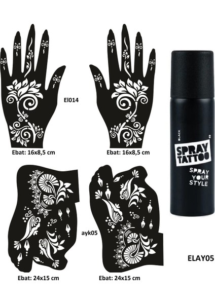 Çiçekli Modeller El Ayak Geçici Dövme Seti Spray Tattoo Dark Siyah Renk
