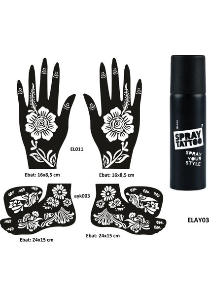 Karanfil Model El Ayak Geçici Dövme Seti Spray Tattoo Dark Siyah Renk