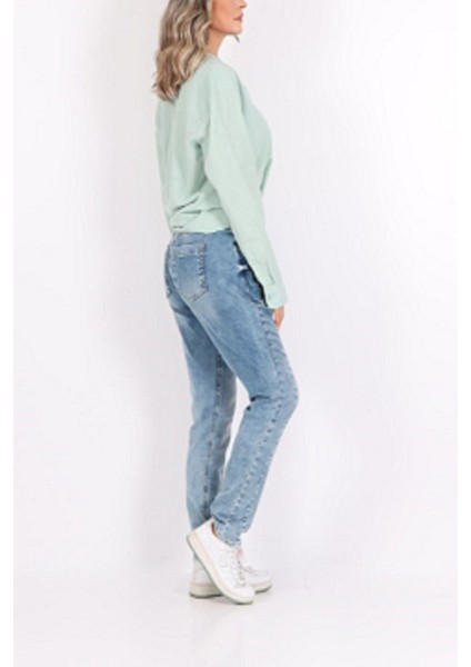 Kadın Street One Önden Bağcıklı Yıkamalı Mavi Denim Kot Pantolon