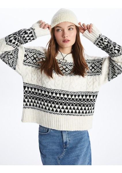 Barcelona - Bisiklet Yaka Yumuşak Dokulu Jakarlı Triko Kazak - Beyaz-Siyah Renk modelleri