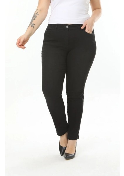 Büyük Beden Yüksek Bel Yanları Yarım Lastikli Boru Paça Bol Likralı Siyah Anne Jean Pantolon