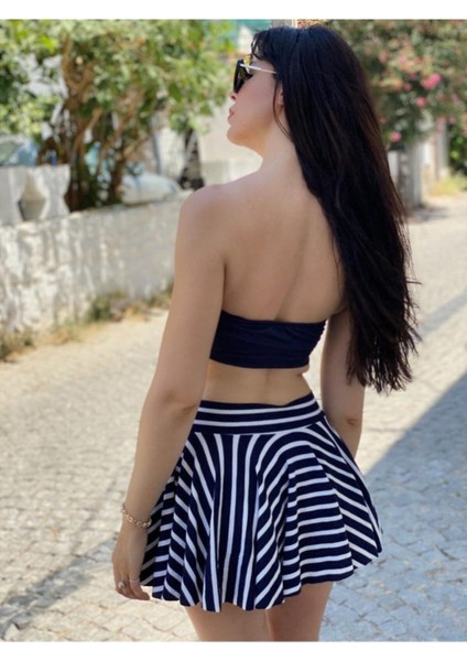 Kadın Lacivert Üst Bağlamalı Kloş Çizgili Etekli Takım