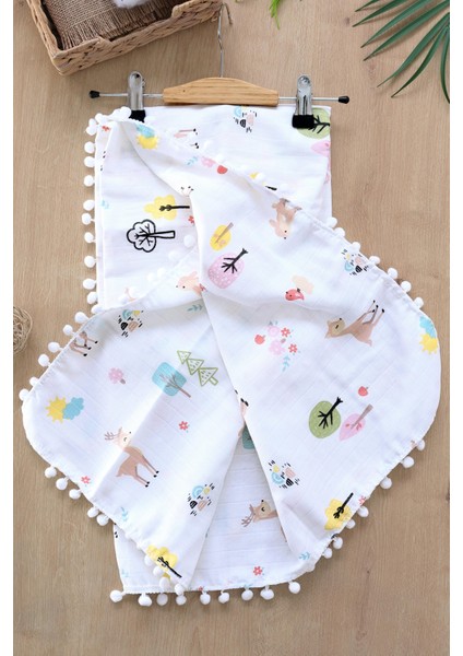 Kız Erkek Bebek Çift Katlı Ponponlu Müslin Kundak Battaniye STL6529