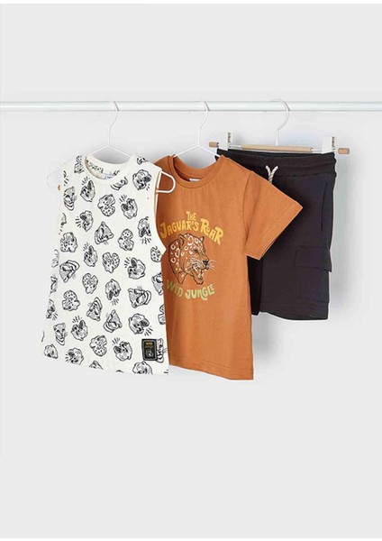 Yazlık Erkek T-Shirt Şort 3'lü Set - Turuncu