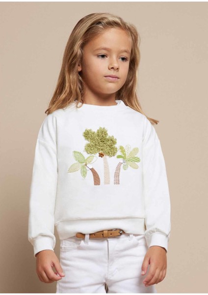 Yazlık Kız Işlemeli Uzun Kol Sweatshirt Krem