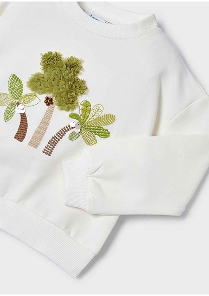 Yazlık Kız Işlemeli Uzun Kol Sweatshirt Krem