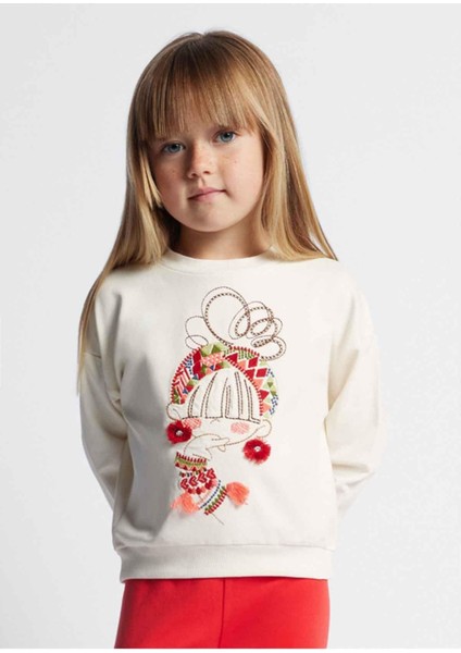 Yazlık Kız Işlemeli Uzun Kol Sweatshirt Krem