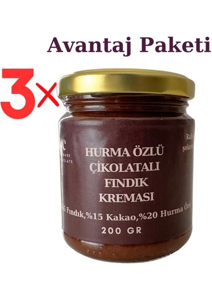 3'lü El Yapımı Çikolatalı Vegan Fındık Kreması (600 Gr.)Ilave Şekersiz Glutensiz