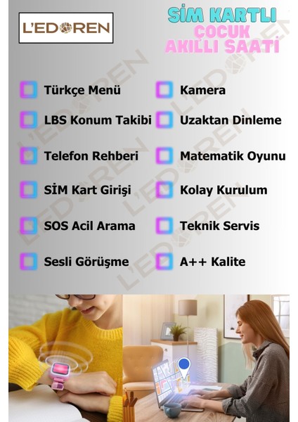 Ledoren Uz Q2AKILLI Çocuk Saati Sim Kartlı ve Gps Konum Özellikli Kamera