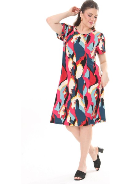 Kadın Pembe Mavi Asimetrik Desen Midi Elbise