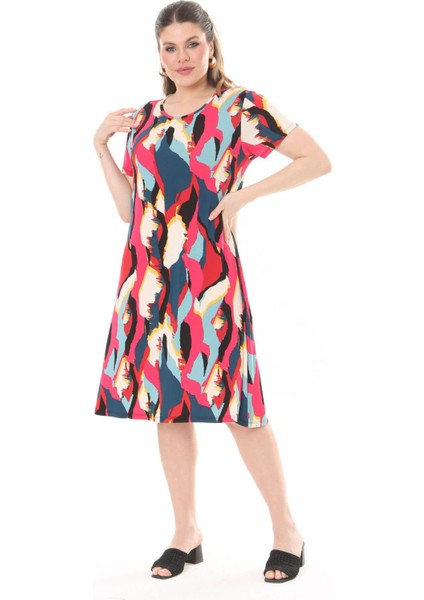 Kadın Pembe Mavi Asimetrik Desen Midi Elbise fiyatları