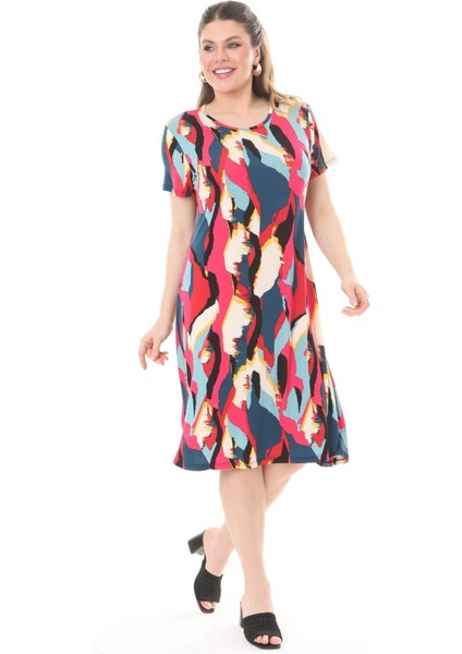 Kadın Pembe Mavi Asimetrik Desen Midi Elbise modelleri