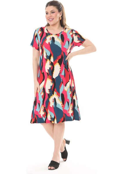 Kadın Pembe Mavi Asimetrik Desen Midi Elbise fırsatları