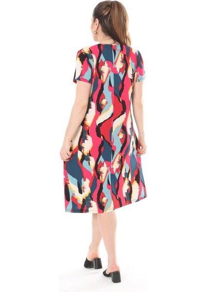 Kadın Pembe Mavi Asimetrik Desen Midi Elbise indirimleri