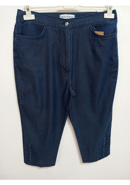 Büyük Beden Tensel Denim Kumaş Yüksek Bel Bol Likralı Paçası Taş ve Dikiş Detay Jean Kapri Pantolon