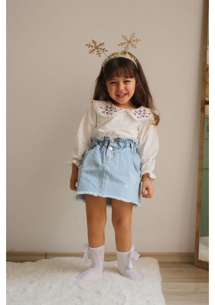 Lolipop Kids Store Kız Çocuk Kot Etekli Nakışlı Bluz Takım