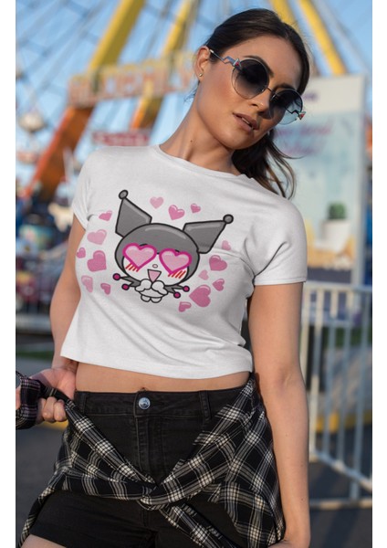 Kalpli Kuromi Baskılı Crop Top, Kalp Baskılı Crop Bluz