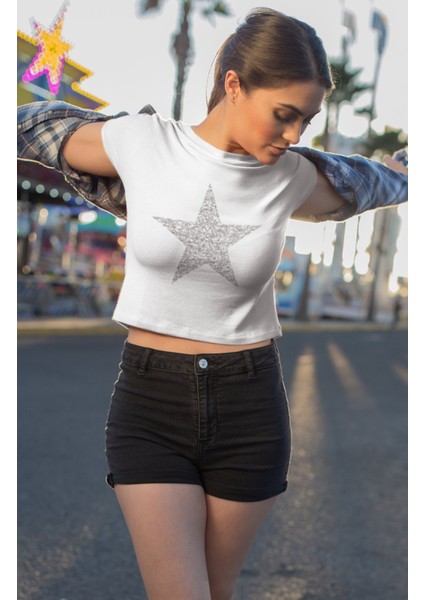 Fuddy Moda Simli Görünümlü Yıldız Baskılı Crop Top, Star Baskılı Crop Bluz