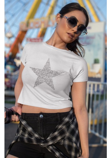 Fuddy Moda Simli Görünümlü Yıldız Baskılı Crop Top, Star Baskılı Crop Bluz