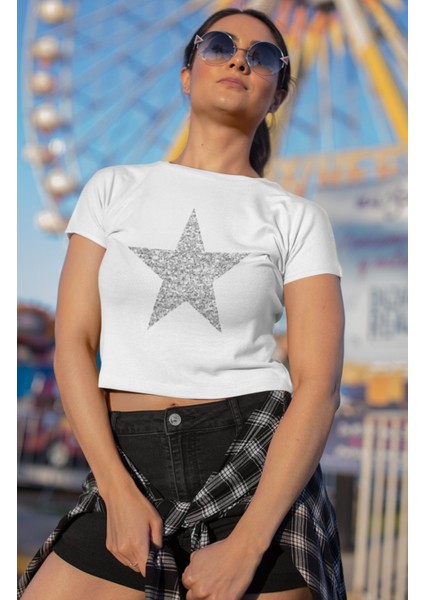 Fuddy Moda Simli Görünümlü Yıldız Baskılı Crop Top, Star Baskılı Crop Bluz